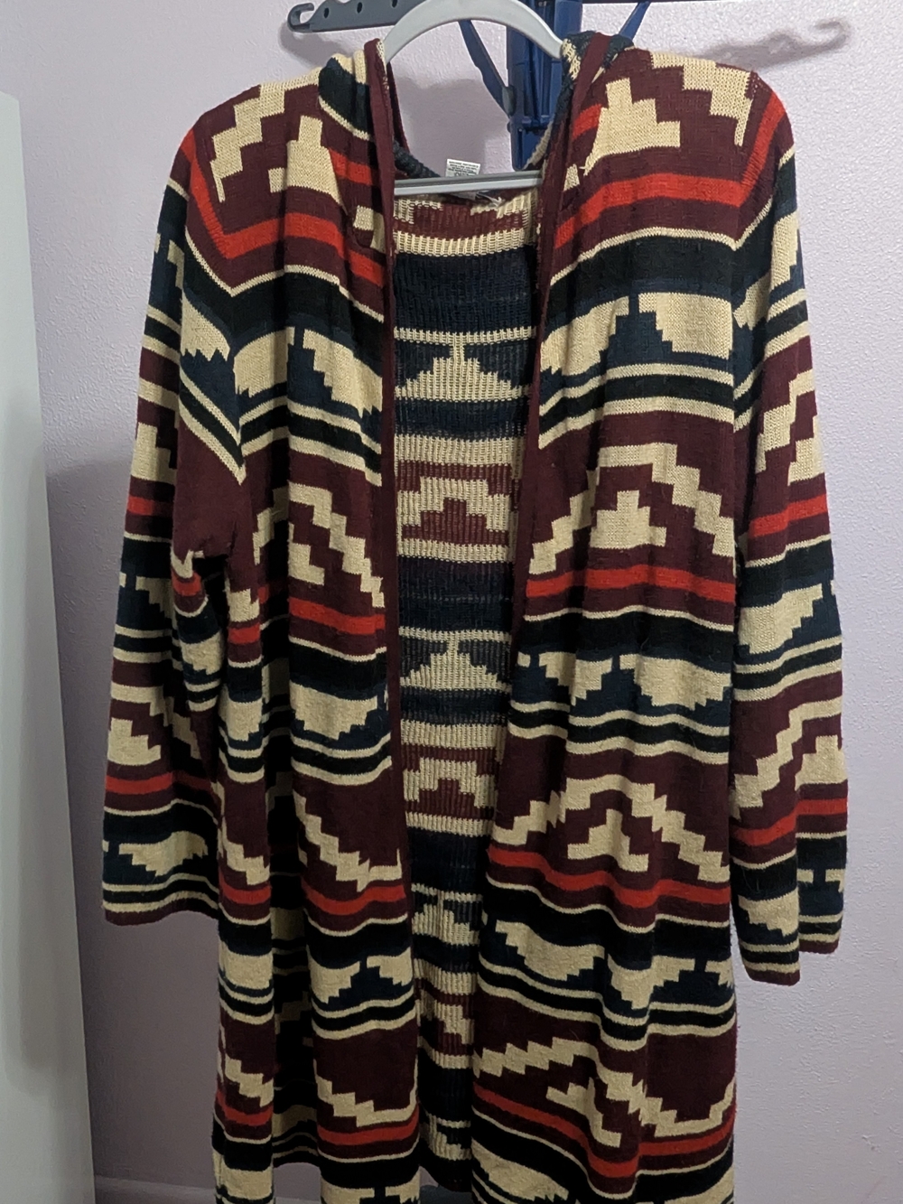 Boho Hooded Open-Front Cardigan Sweater in Burgundy and Cream